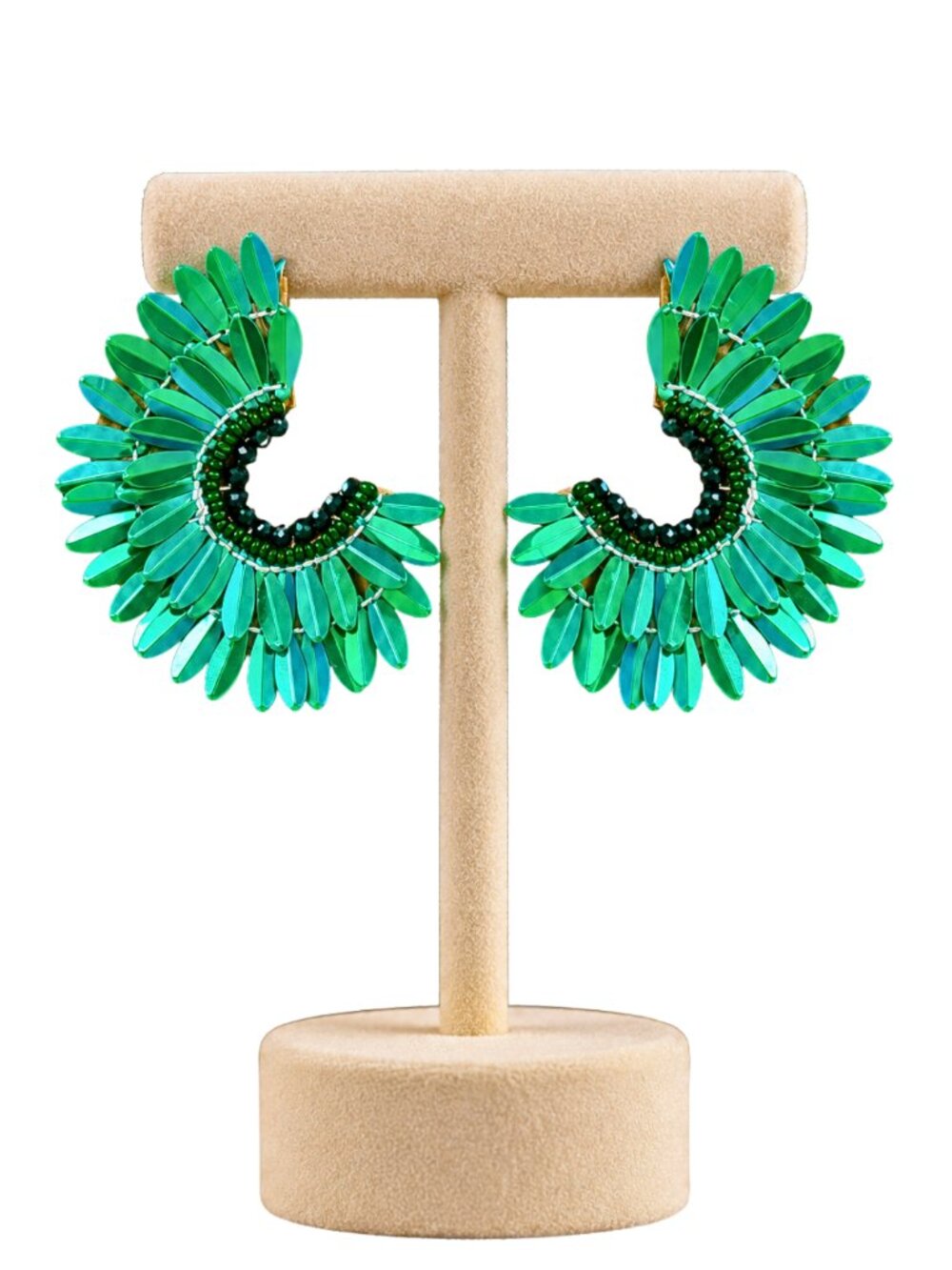 Fan Sequin Half Circle Emerald Green Glass Bead Crescent Party Sparkle Earrings